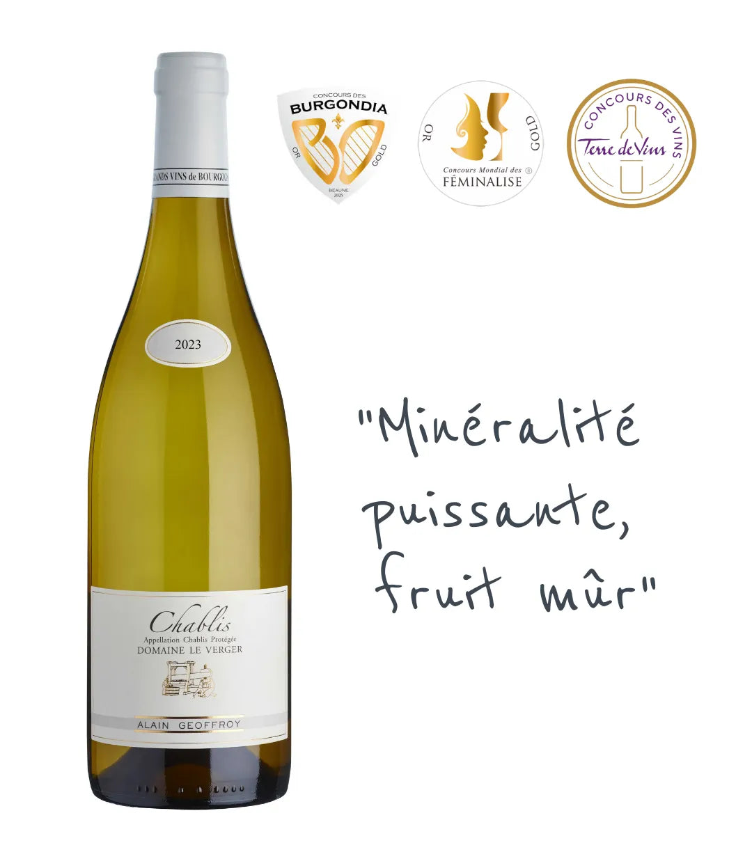 Chablis Le Verger 2023 : La référence du domaine Alain Geoffroy. Puissant et minéral, médaillé d'Or. Idéal sur huîtres et poissons.