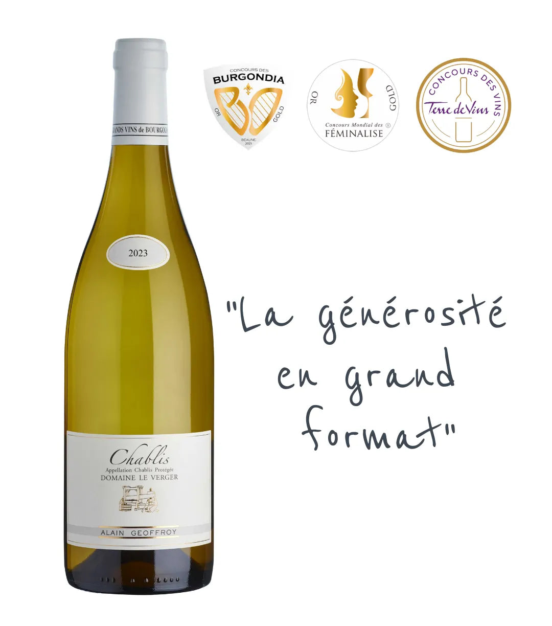 Chablis Le Verger 2023 en Magnum (1,5L). Le format idéal pour sublimer ce vin minéral et puissant. Médaille d'Or Terre de Vins. Parfait pour les grandes tables.