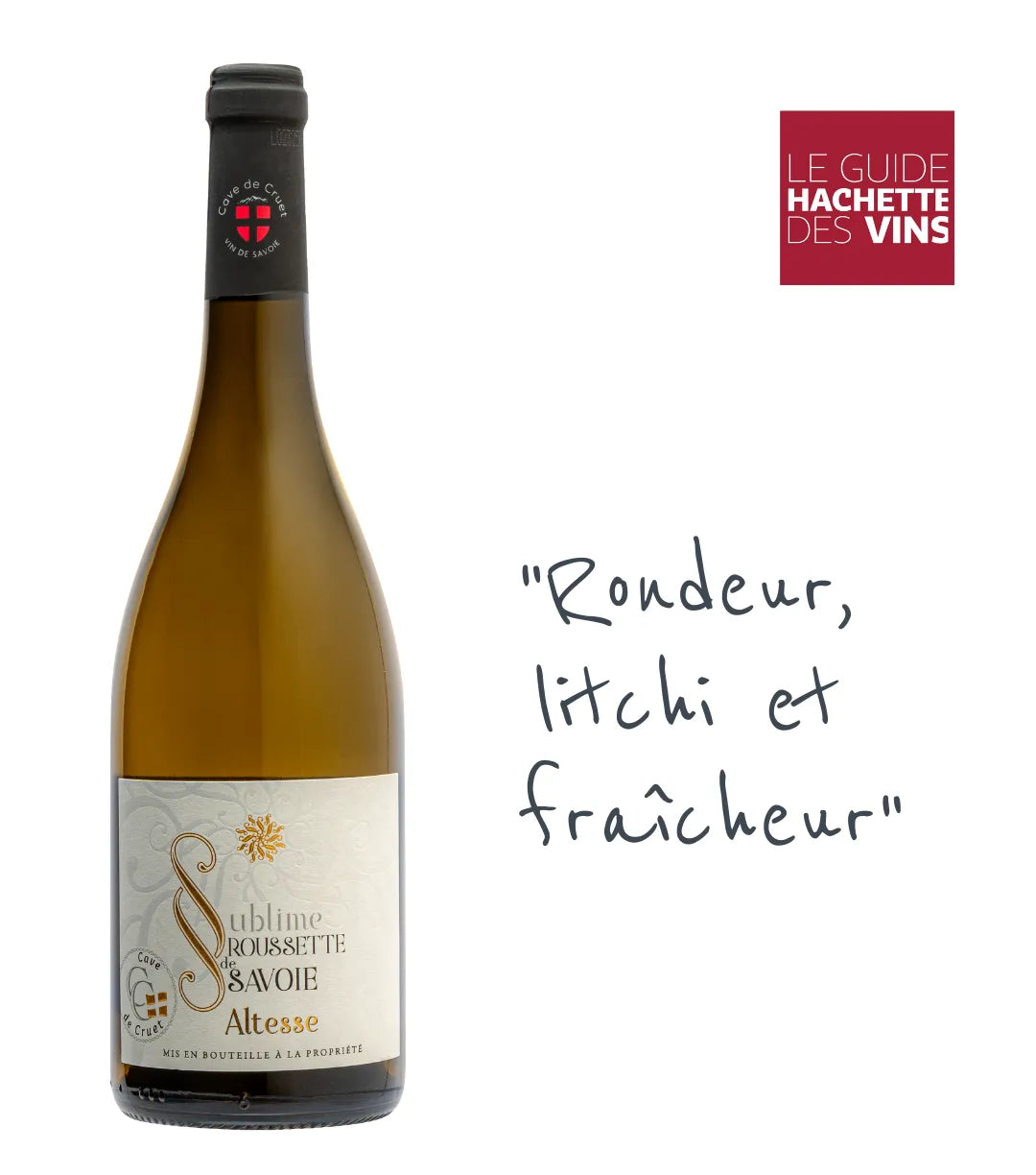 Sublime 2023 de la Cave de Cruet : Une Roussette de Savoie (Altesse) ronde et complexe. Notes de fruits exotiques et litchi. Finale fraîche et persistante.