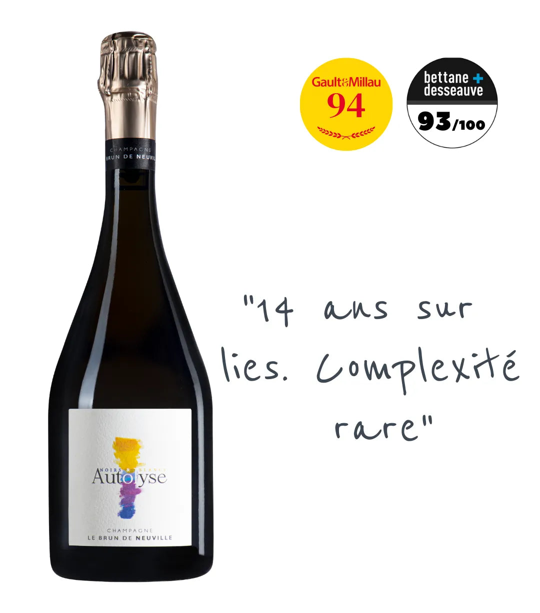 Autolyse Noirs & Blancs : une cuvée d'exception vieillie 14 ans sur lies. Base 2008. Un Champagne complexe célébrant l'empreinte du temps.