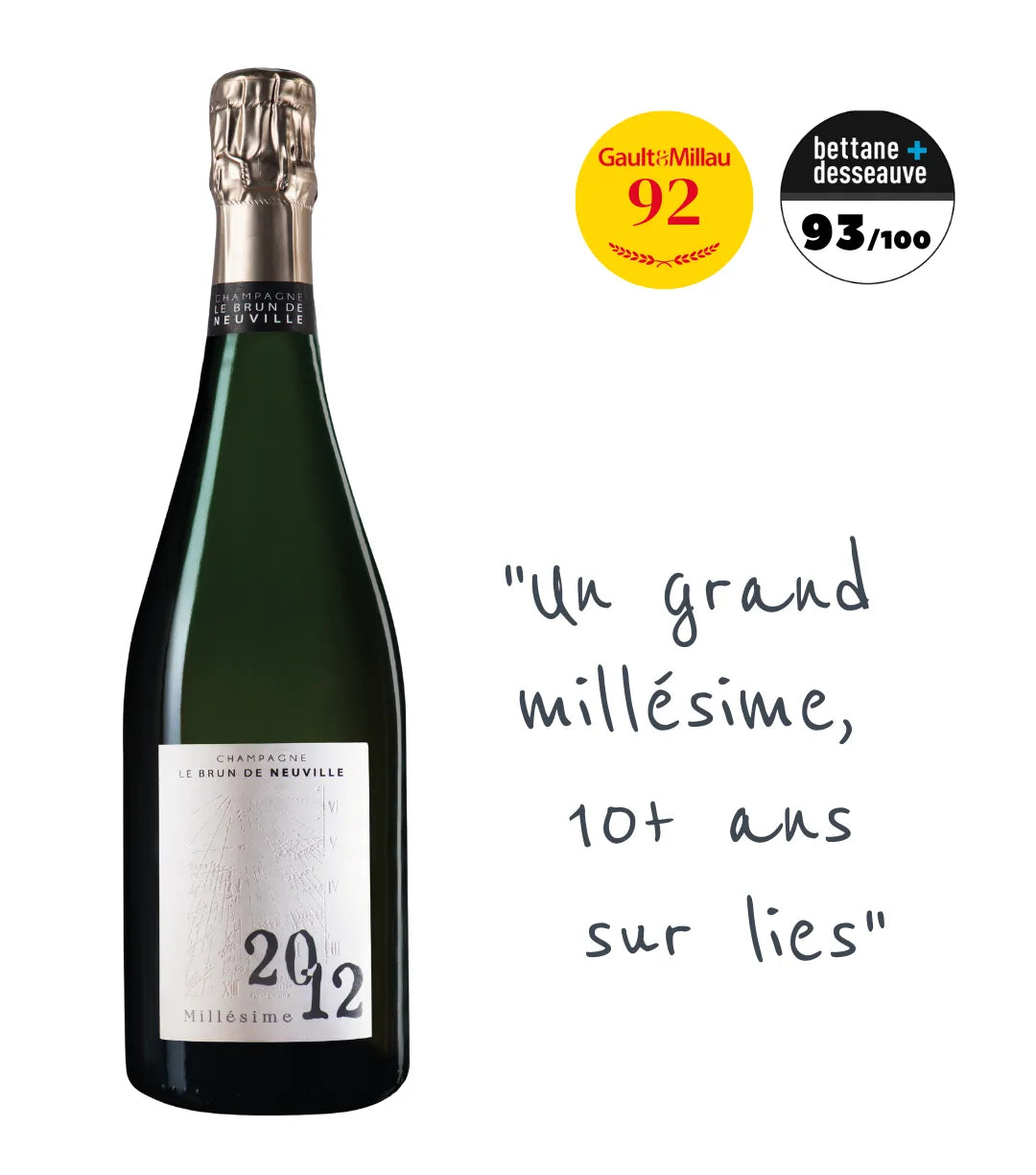 Millésime 2012 Le Brun de Neuville : une année historique. 97,5% Chardonnay, vieilli plus de 10 ans en cave. Complexité, maturité et grande élégance.
