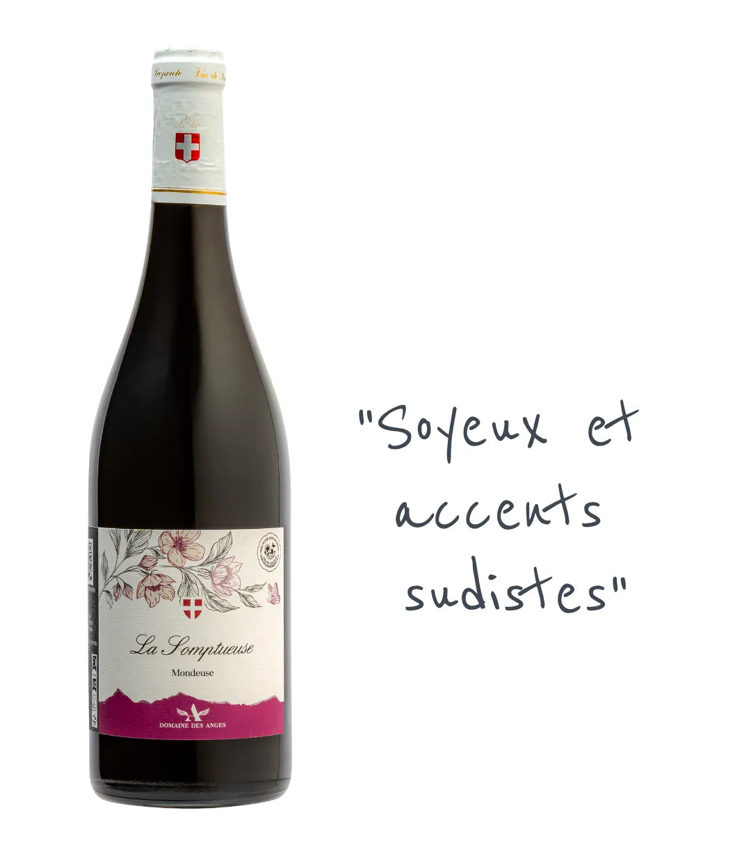La Somptueuse 2023 : Une Mondeuse soyeuse et équilibrée du Domaine des Anges. Arômes de fruits noirs, sauge et lavande. Idéal sur agneau et gibier.