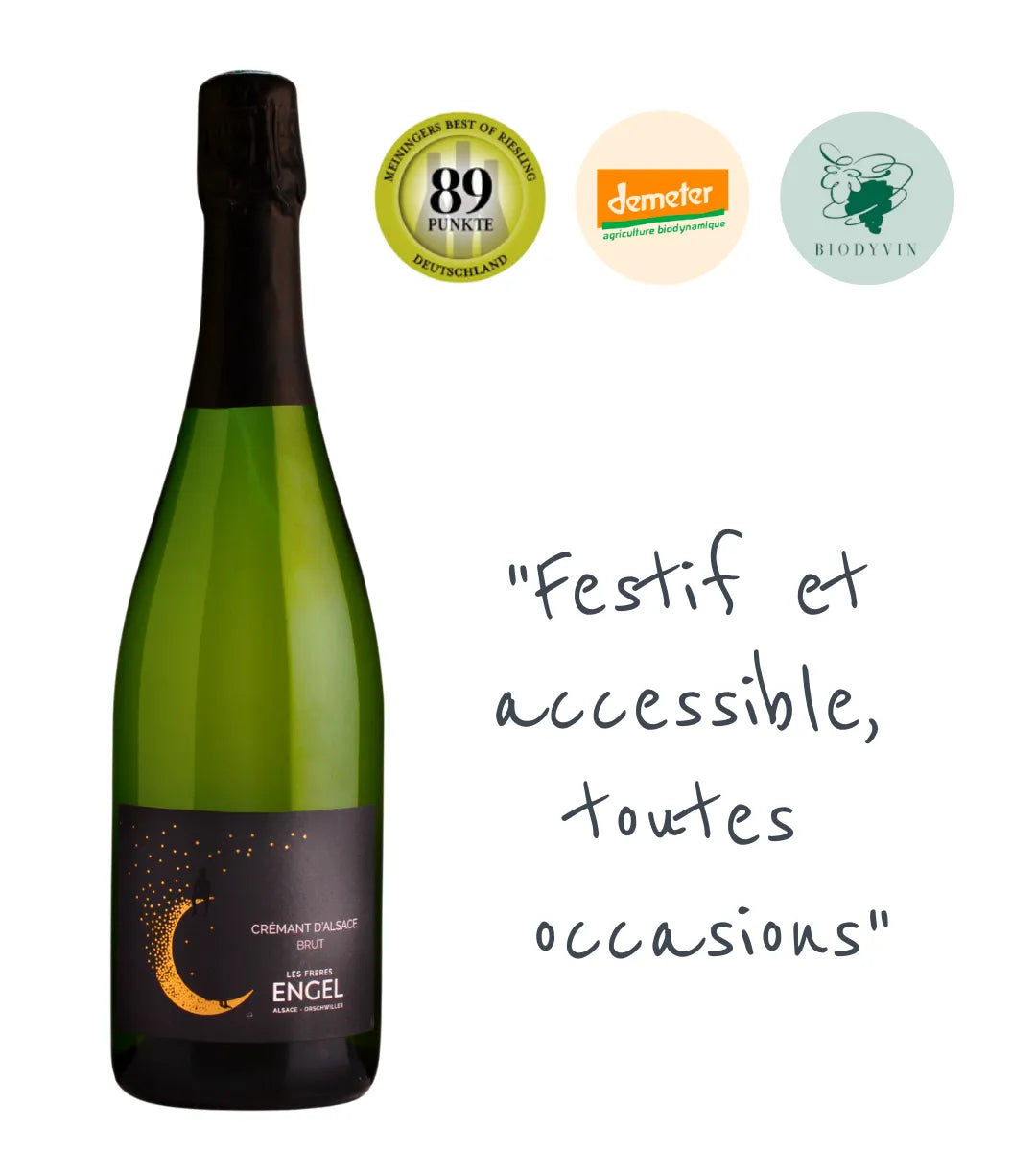 Crémant d'Alsace 2023 : Un vin bio (Demeter) sec et frais, issu des terroirs du Praelatenberg. Notes d'agrumes et de fruits blancs. Finesse et belle acidité.