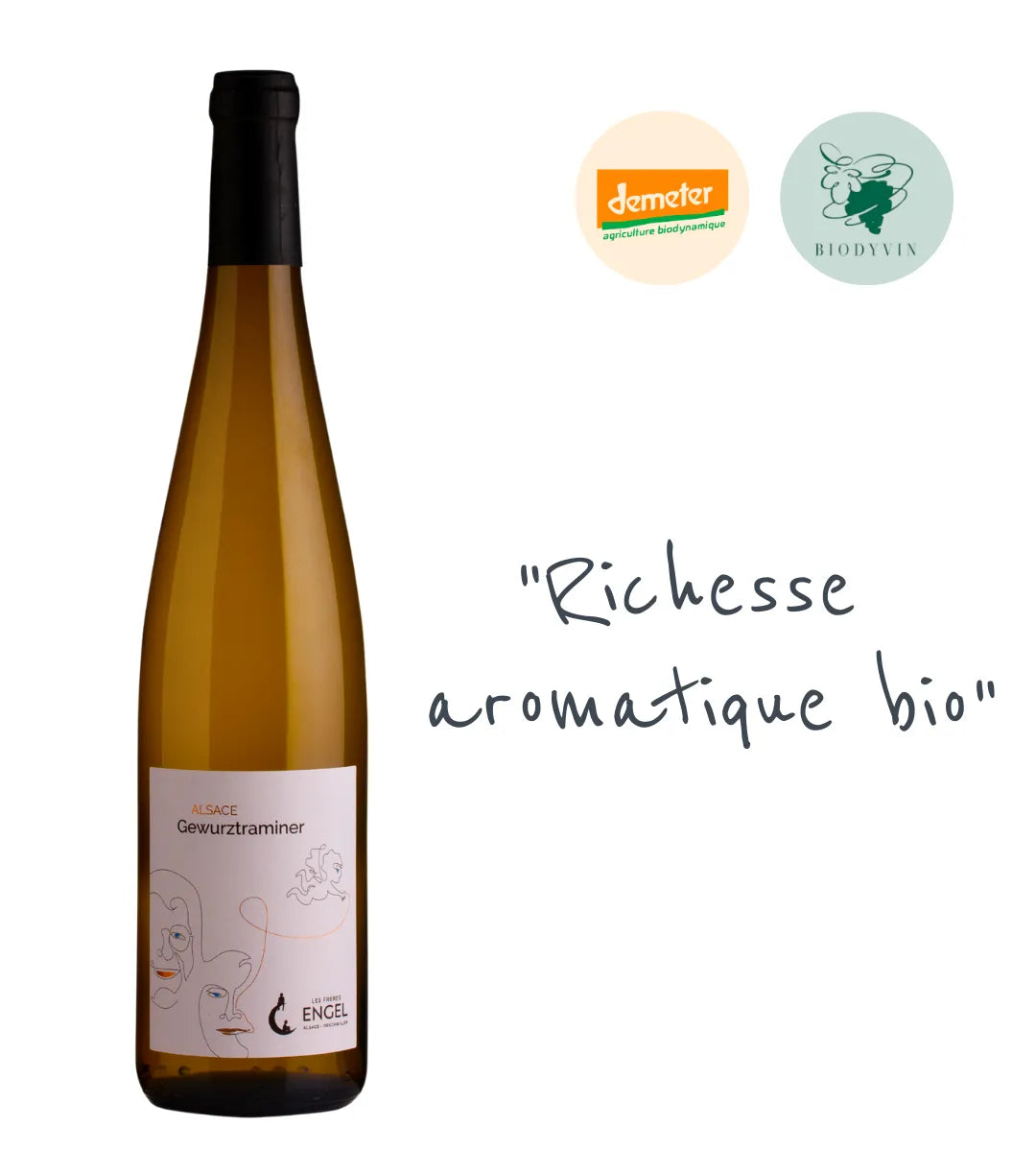 Gewurztraminer 2024 : Un classique alsacien revisité en biodynamie. Notes de rose, litchi et épices douces. Bouche onctueuse et finale fraîche.