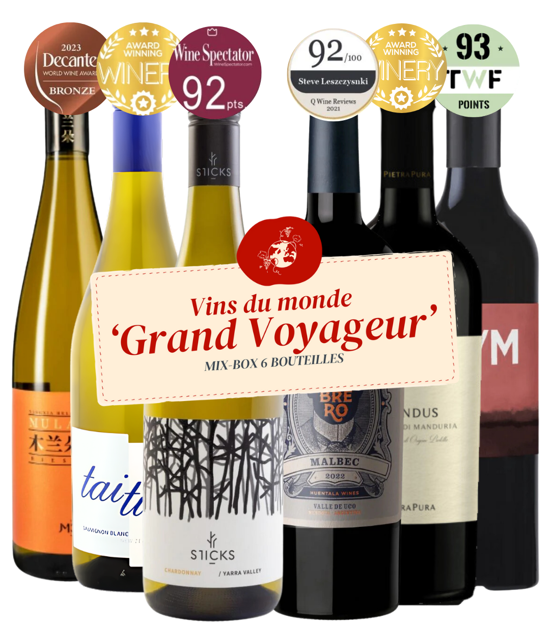 6 bouteilles de vins du monde avec étiquette de promotion