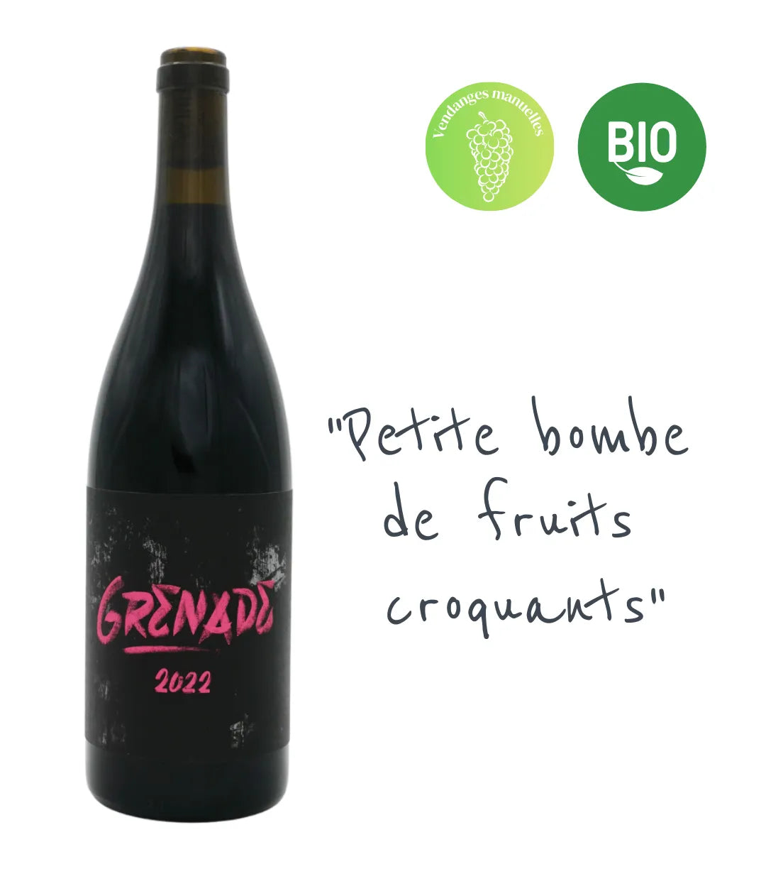Grenade 2023 : Bordeaux (40% Malbec) de la Micro Winerie. Juteux, fruité, tanins fins, non filtré. Une explosion de fruits croquants pour un plaisir immédiat.