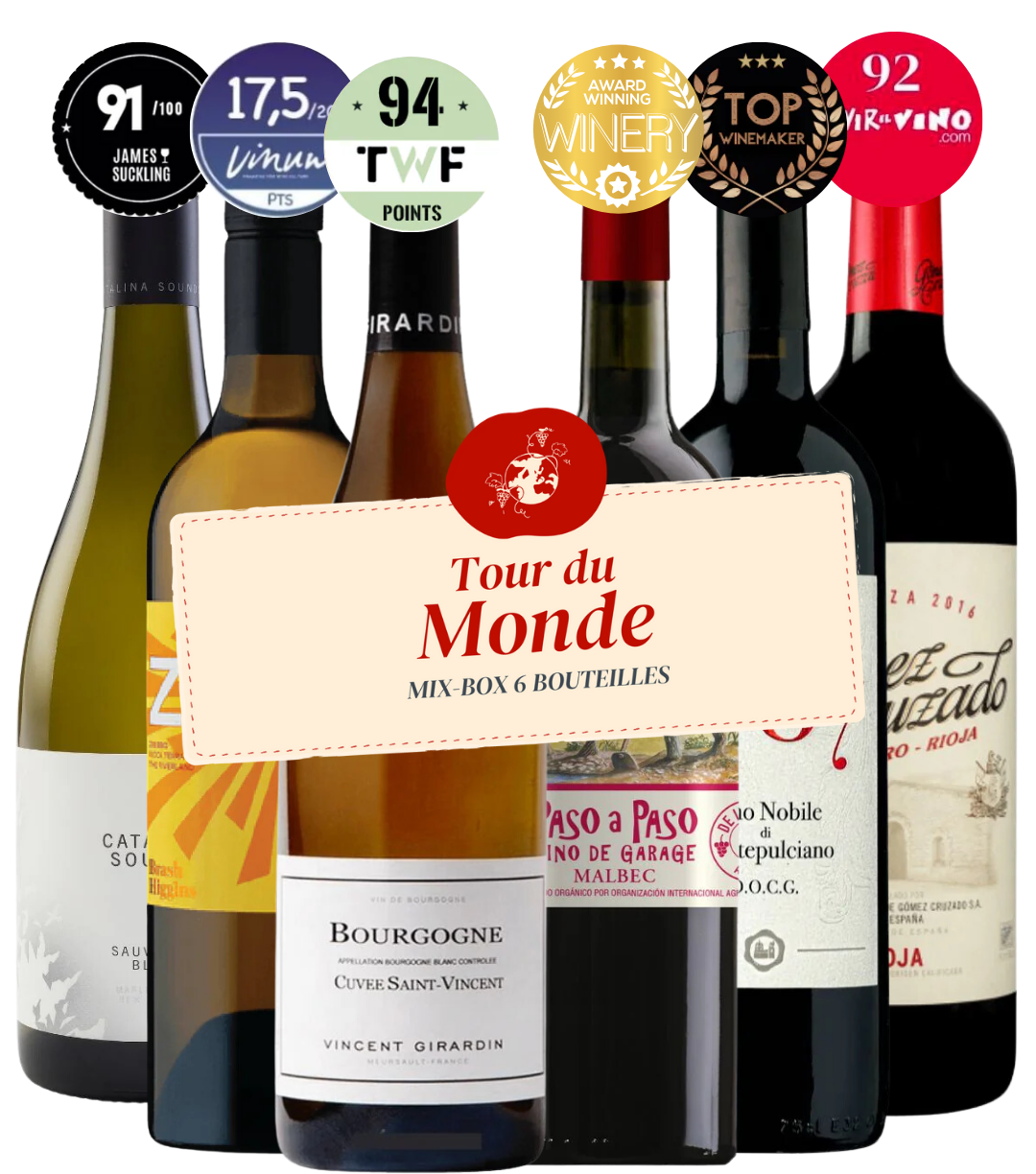 6 bouteilles de vins du monde avec étiquette de promotion