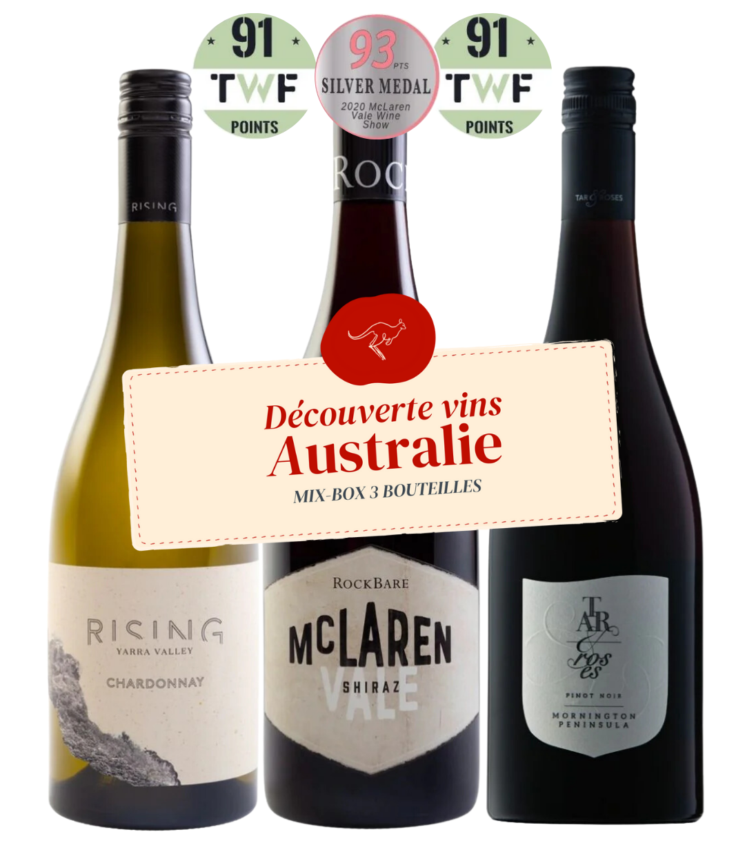 3 vins d'Australie avec une étiquette indiquant la promotion