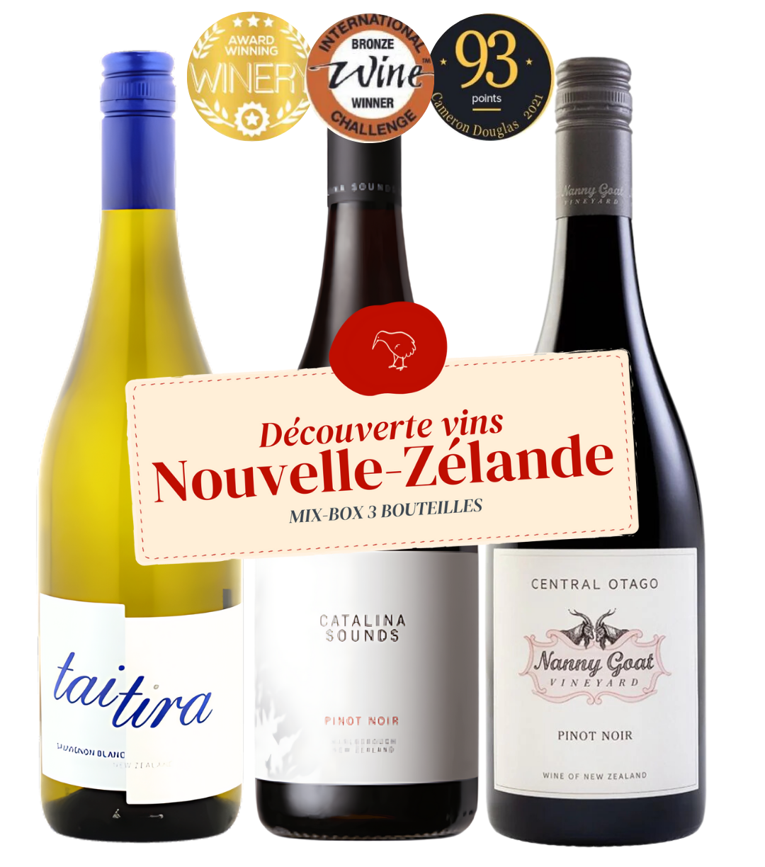 3 bouteilles de vin de Nouvelle Zelande avec etiquette promotion